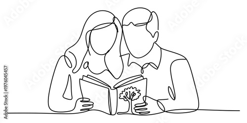 A beautiful continuous line drawing of a man and a woman reading a book together in harmony. Vector, illustration
