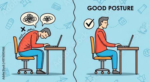 Good Posture vs Bad Posture Sitting at a Desk.