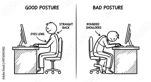 Good vs Bad Posture at Computer Desk Illustration.