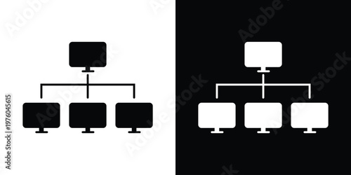 Professional network topology icon showing a master computer connected to three workstations. Minimalist vector design representing local area networks, distribution, and IT infrastructure.