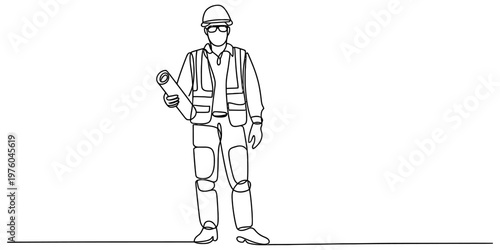 A continuous line drawing of a construction worker wearing a safety vest and a hard hat helmet Vector, illustration