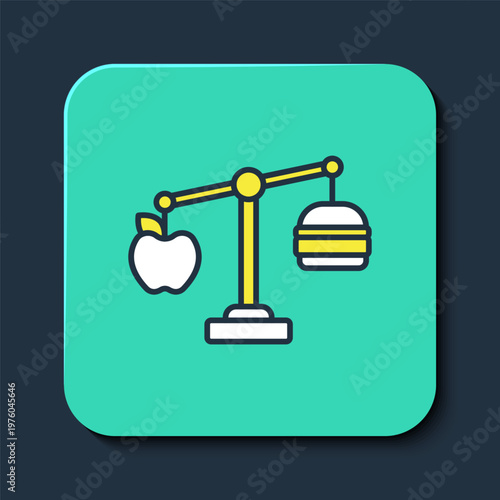 Filled outline Calorie calculator icon isolated on isolated on blue background. Calorie count. Diet. Weight loss. Portion control. Healthy eating. Dietary nutrition. Turquoise square button. Vector