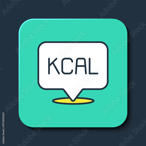 Filled outline Kcal icon isolated on isolated on blue background. Health food. Turquoise square button. Vector