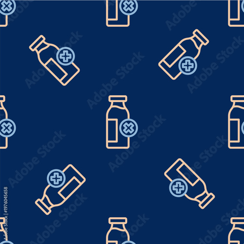Line Lactose intolerance icon isolated seamless pattern on blue background. Not allow milk. Allergy concept, lactose intolerance allergy warning sign. Vector
