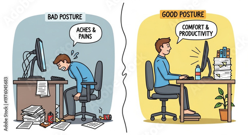 Good vs Bad Posture at Work Desk Comparison.