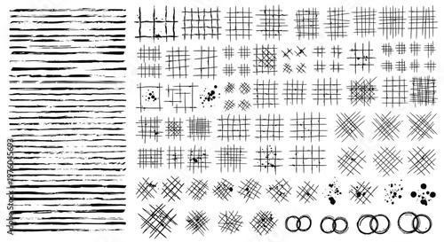 Collection of Hand Drawn Ink Brush Strokes Grids and Cross Hatch Elements for Artistic Design Projects