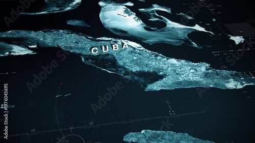 Global satellite surveillance map, military intelligence interface, geopolitical data visualization, cyber warfare concept, strategic monitoring, dark cinematic tech background : Cuba