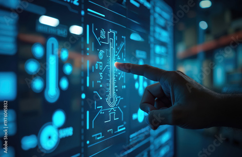Person touches futuristic screen displaying cold chain logistics data. Shows temperature readings and monitoring controls for safe storage and delivery.