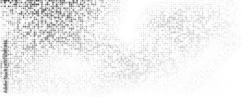 Grunge halftone gradient background. Faded grit noise texture. White and black sand wallpaper. Retro pixelated backdrop. Anime or manga style comic overlay. Vector graphic design textured template