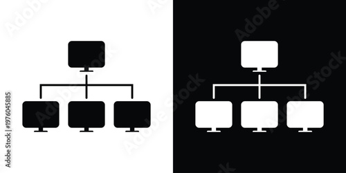 Professional network topology icon showing a master computer connected to three workstations. Minimalist vector design representing local area networks, distribution, and IT infrastructure.