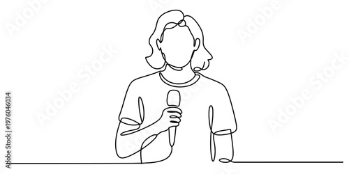 A continuous line drawing of a person speaking into a microphone during a live public event talk Vector, illustration