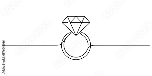 Minimalist continuous single line drawing of an engagement ring with a brilliant cut diamond Vector, illustration