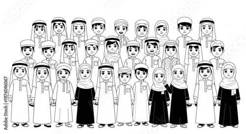 Group of Arab children in traditional attire, black and white illustration.
