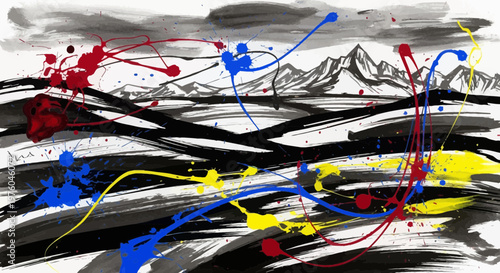 Artistic Abstract Mountain Landscape with Energetic Splashes of Red Blue and Yellow over Black Ink Brushstrokes on White Background