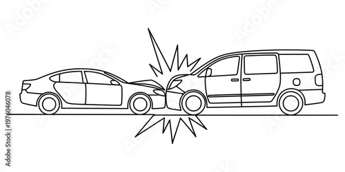 A simple black and white line drawing of two vehicles involved in a head on traffic car accident Vector, illustration