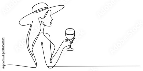 A minimalist single line drawing of an elegant woman wearing a wide brimmed hat holding a glass Vector, illustration