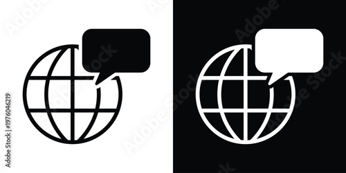 Vector illustration of a wireframe globe with a speech bubble. Represents international communication, global language support, world news, and social networking.