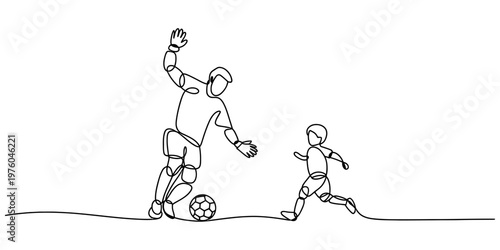 A continuous line drawing depicting a father playing an engaging game of soccer with his young son Vector, illustration