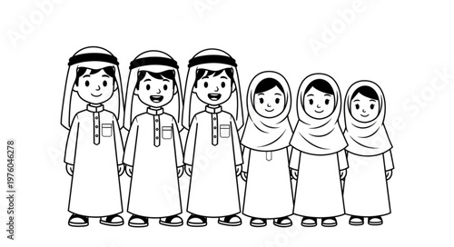 Group of Arab children in traditional attire standing together.
