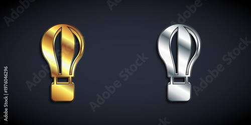 Gold and silver Hot air balloon icon isolated on black background. Air transport for travel. Long shadow style. Vector