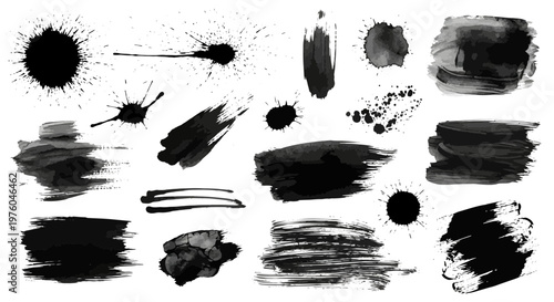 Collection of Black Ink Splatters, Paint Brush Strokes, and Watercolor Blots Isolated on a White Background