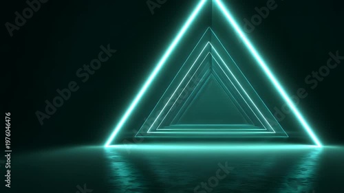 Abstract neon triangle tunnel movement through geometric glowing portal in dark space creates cinematic digital background with blue light reflections on floor for tech motion graphics clip.