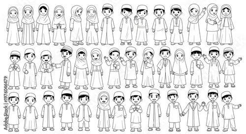 Group of Arab children in traditional clothing, black and white illustration.