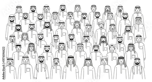 Group of Arab men in traditional attire, a cultural gathering.