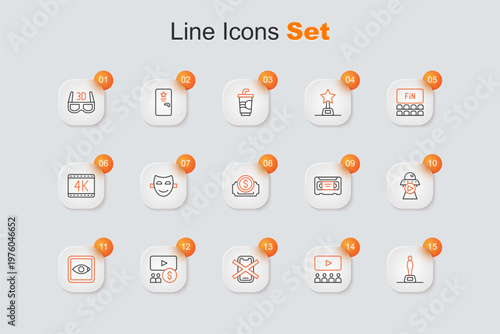 Set line Movie trophy, Cinema auditorium with screen, No cell phone, Rating movie, Science fiction, VHS video cassette tape and ticket icon. Vector