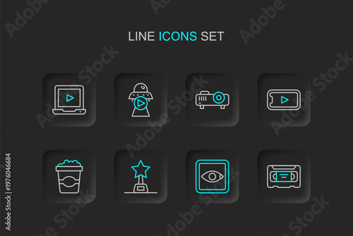 Set line VHS video cassette tape, Rating movie, Movie trophy, Popcorn cardboard box, Online play, Movie, film, media projector, Science fiction and icon. Vector