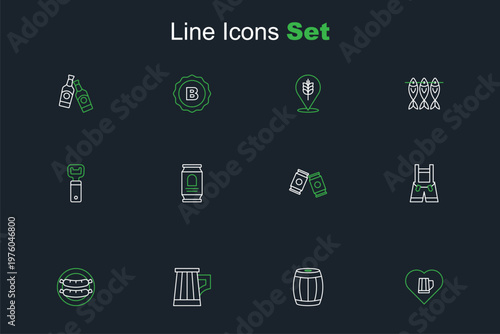 Set line Heart with glass of beer, Wooden barrel, mug, Sausage, Lederhosen, Beer can, and Bottle opener icon. Vector