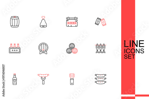 Set line Sausage, Bottle opener, on the fork, Beer bottle, Dried fish, Wooden barrel, rack and Pack of beer bottles icon. Vector
