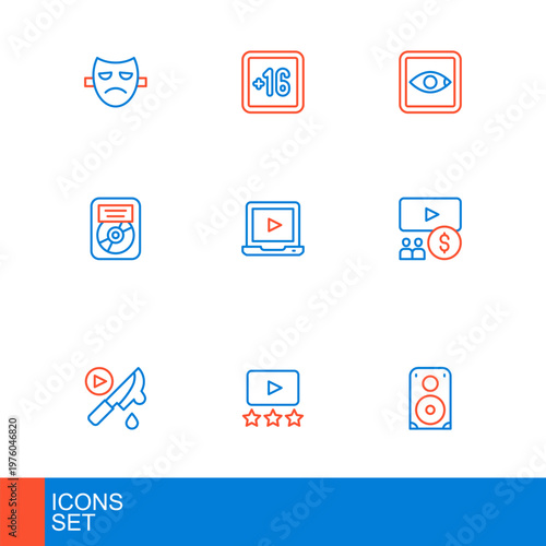 Set line Stereo speaker, Rating movie, Thriller, Cinema auditorium with screen, CD disk award frame, Online play video, and Plus 16 icon. Vector