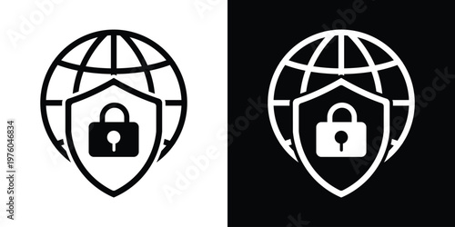Vector icon featuring a globe and a shield with an open padlock. Symbolizes vulnerability, data breach, security access, or decrypted global communications.
