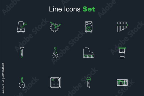Set line Music synthesizer, Microphone, Guitar amplifier, Mandolin, African percussion drum, Grand piano, and Clarinet icon. Vector