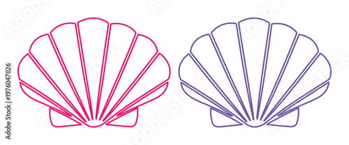 Minimalist seashell line art icons, pink and purple scallop shell vector set, beach theme graphics