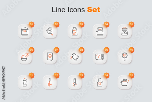 Set line Cooking pot, Kitchen apron, Pizza knife, Spatula, Pepper, Fried eggs frying pan, Microwave oven and Packet of pepper icon. Vector