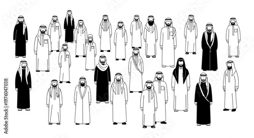 Group of Arab men in traditional attire, black and white illustration.