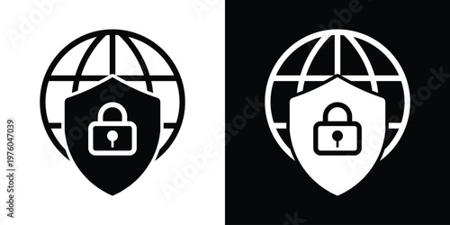 Vector icon featuring a globe and a shield with an open padlock. Symbolizes vulnerability, data breach, security access, or decrypted global communications.