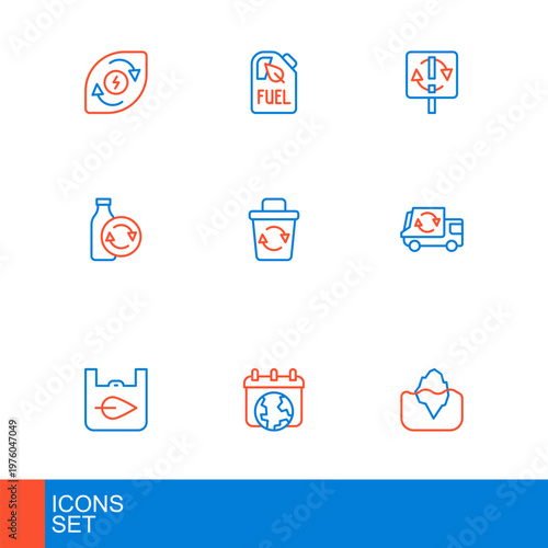 Set line Iceberg, World Earth day, Shopping bag with recycle, Garbage truck, Recycling plastic bottle, Recycle bin, symbol and Bio fuel canister icon. Vector