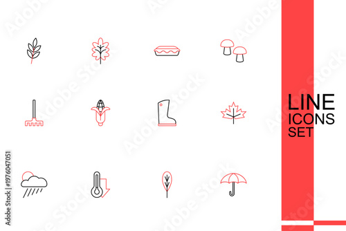Set line Umbrella, Leaf, Thermometer, Cloud with rain and sun, Canadian maple leaf, Waterproof rubber boot, Corn and Garden rake icon. Vector