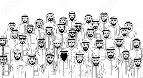 Group of Arab men in traditional attire, black and white illustration.