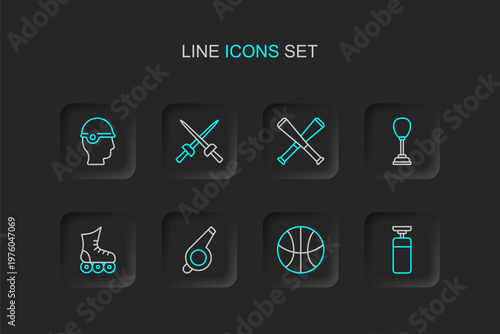 Set line Punching bag, Basketball ball, Whistle, Roller skate, Crossed baseball bat, Fencing and Baseball helmet icon. Vector