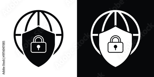 Vector icon featuring a globe and a shield with an open padlock. Symbolizes vulnerability, data breach, security access, or decrypted global communications.