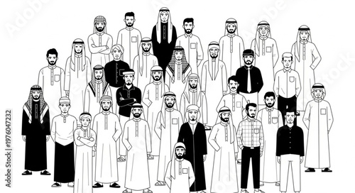 Group of Arab men in traditional attire, black and white illustration.