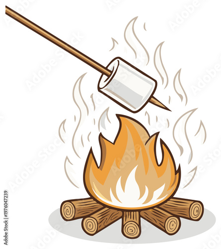 Cartoon illustration of a marshmallow on a stick roasting over a warm campfire
