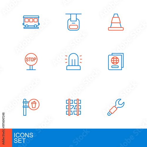 Set line Wrench spanner, Broken or cracked railway, Cafe and restaurant location, Passport, Stop sign, Flasher siren, Traffic cone and Cable car icon. Vector