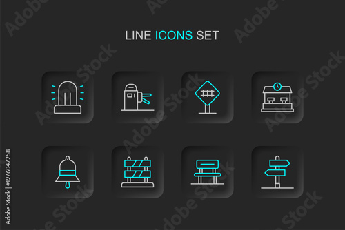 Set line Road traffic sign, Waiting hall, End of railway tracks, Train station bell, Railway, Railroad crossing, Turnstile and Flasher siren icon. Vector