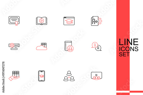 Set line Online class, Graduation cap on mobile, Book donation, Question and Answer, Audio book, Cloud or online library and Web camera icon. Vector