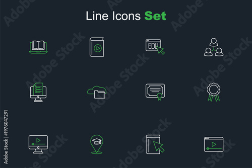 Set line Online play video, book, education, with diploma, Certificate template, Cloud or online library and quiz, test, survey icon. Vector